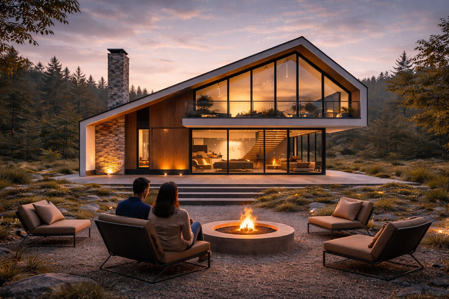 The Ngong Ridge House upper master suite — under glazed gable, balcony with forest panorama at dusk — Aalis Studios luxury bedroom design Kenya