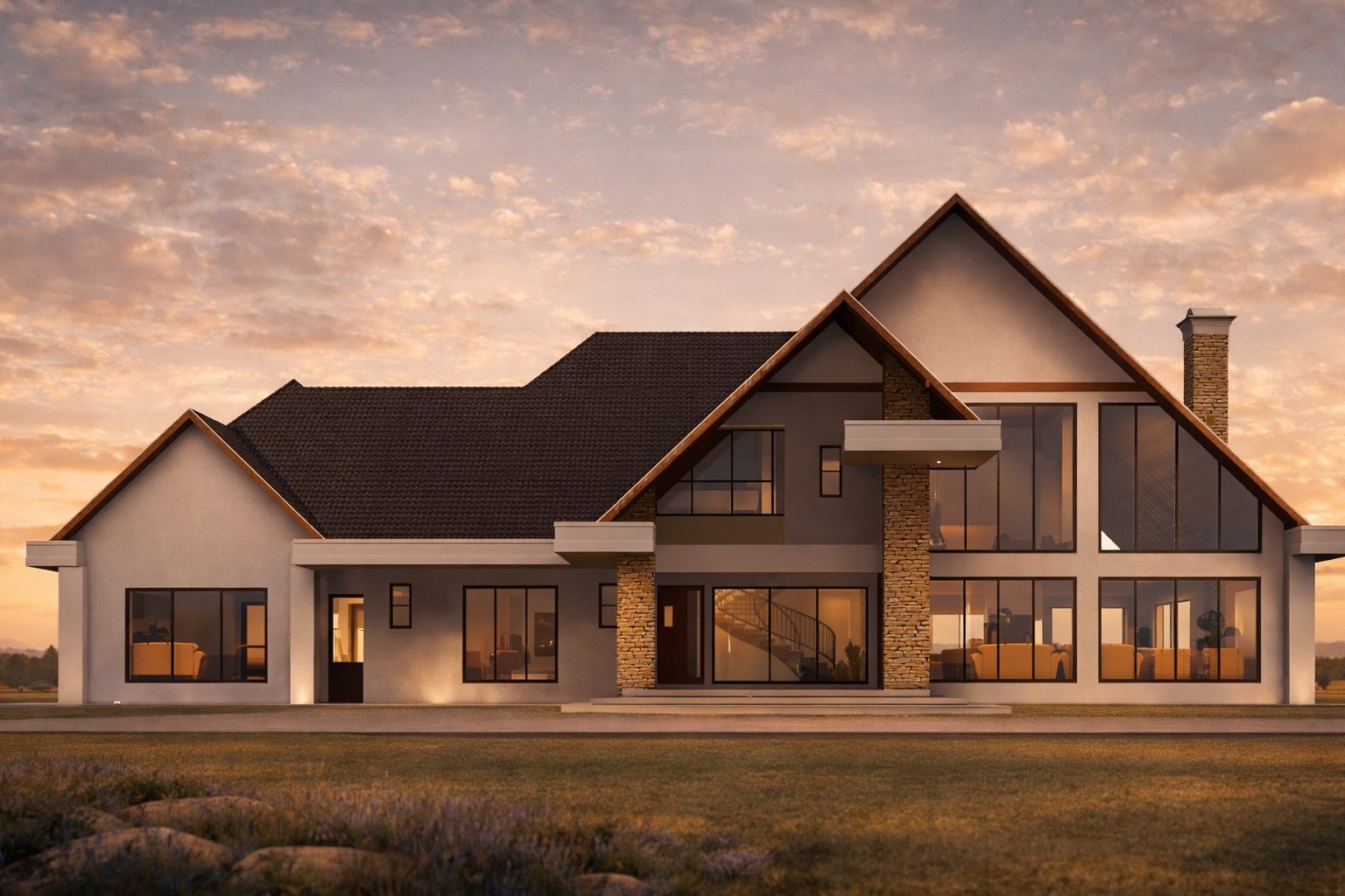 The Oloolua Farmhouse front elevation render — stone facade, gable roof, double-height glazing