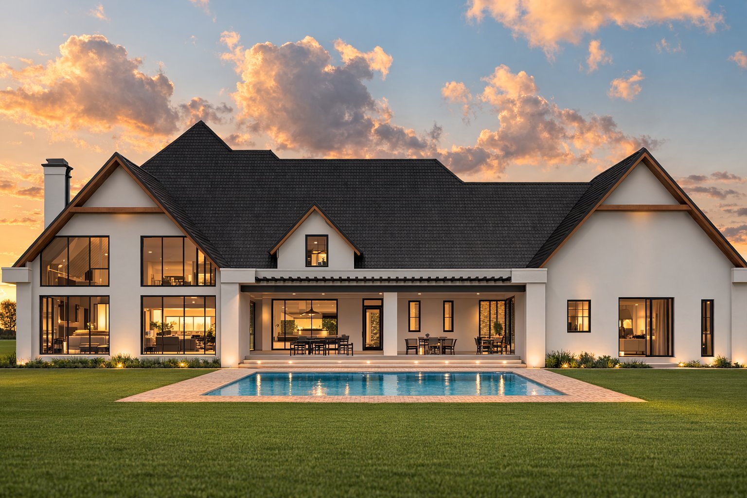 The Oloolua Farmhouse rear elevation render — pool, covered terrace, full glazing