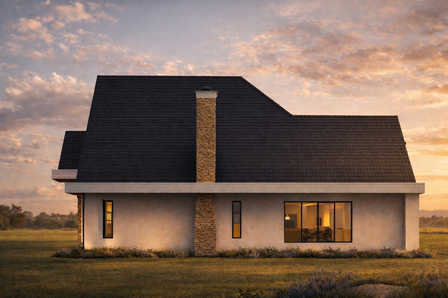 The Oloolua Farmhouse right side elevation — roof profile, chimney, wing extension
