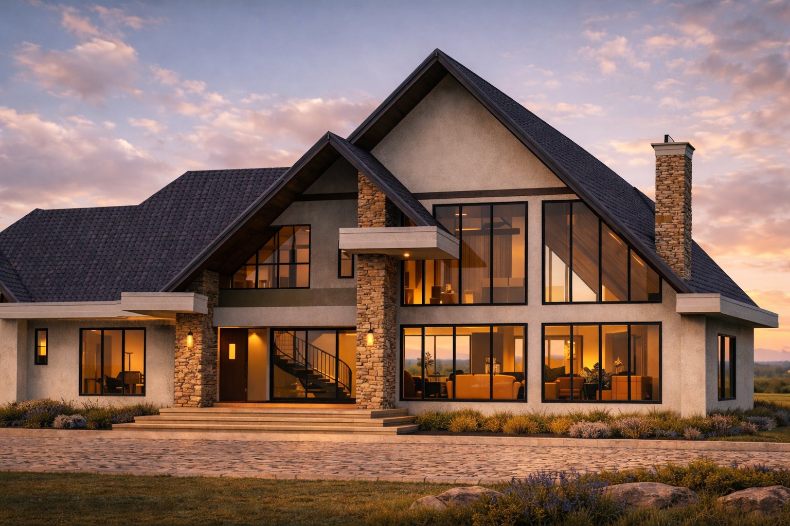The Oloolua Farmhouse front approach — couple walking towards house at dusk