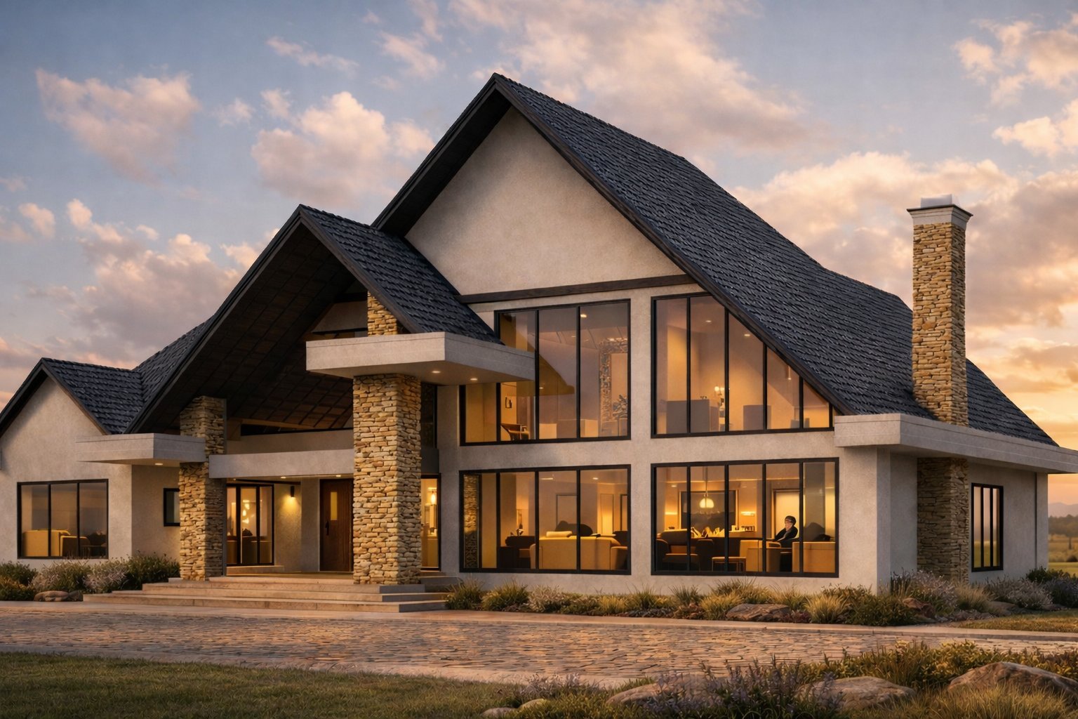 The Oloolua Farmhouse front elevation — stone facade, double-height glazing at sunset