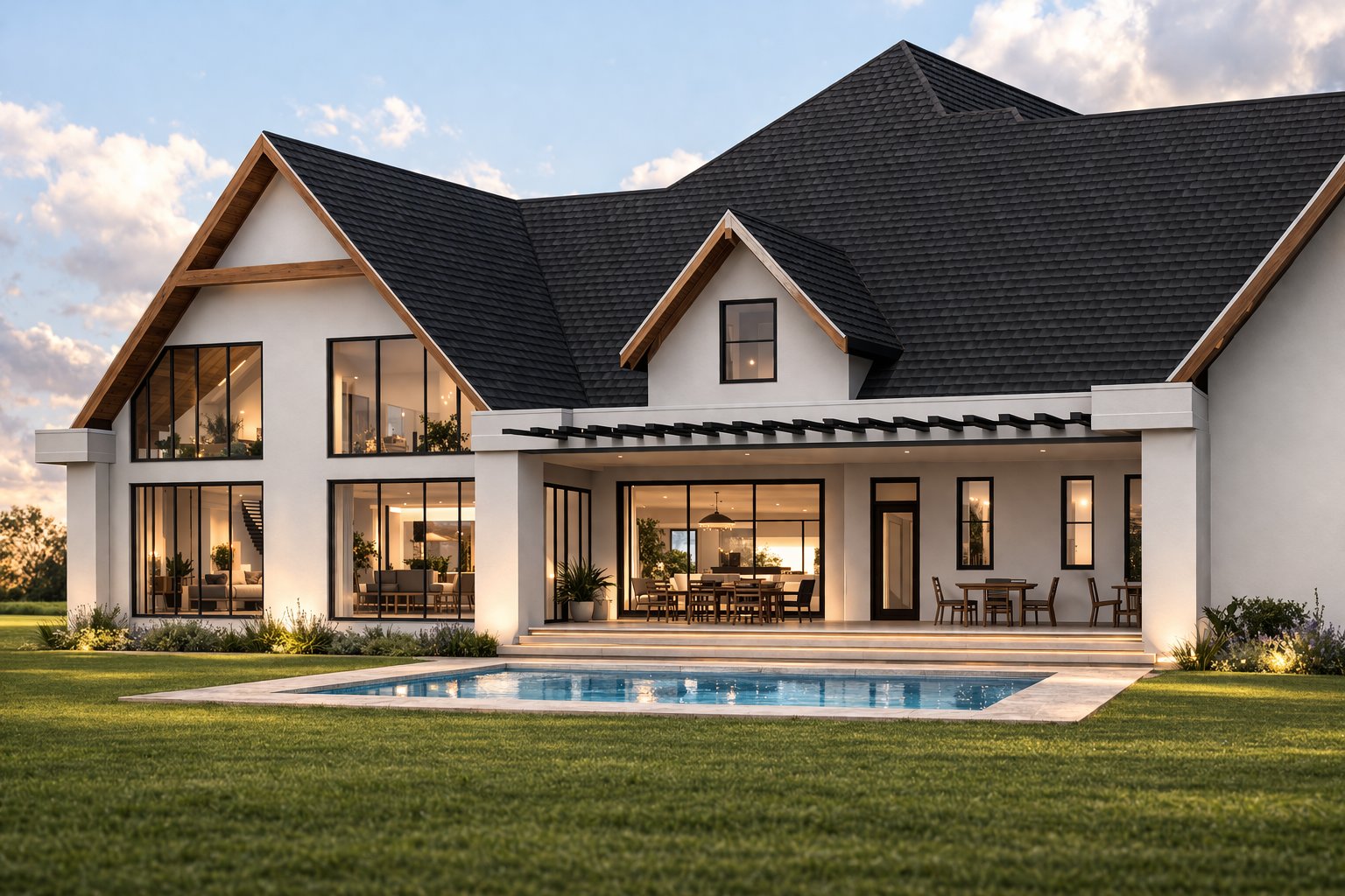 The Oloolua Farmhouse — 5-bedroom modern luxury residence Kenya, rear elevation with pool and covered terrace at dusk