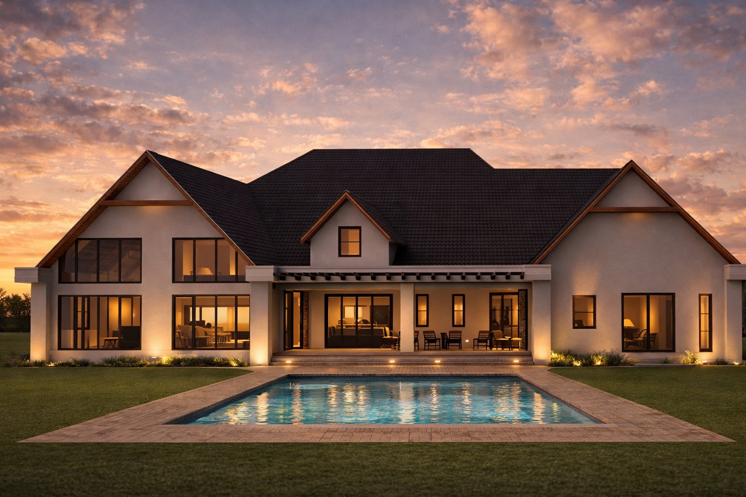 The Oloolua Farmhouse rear elevation — covered terrace, lap pool and lawn at sunset