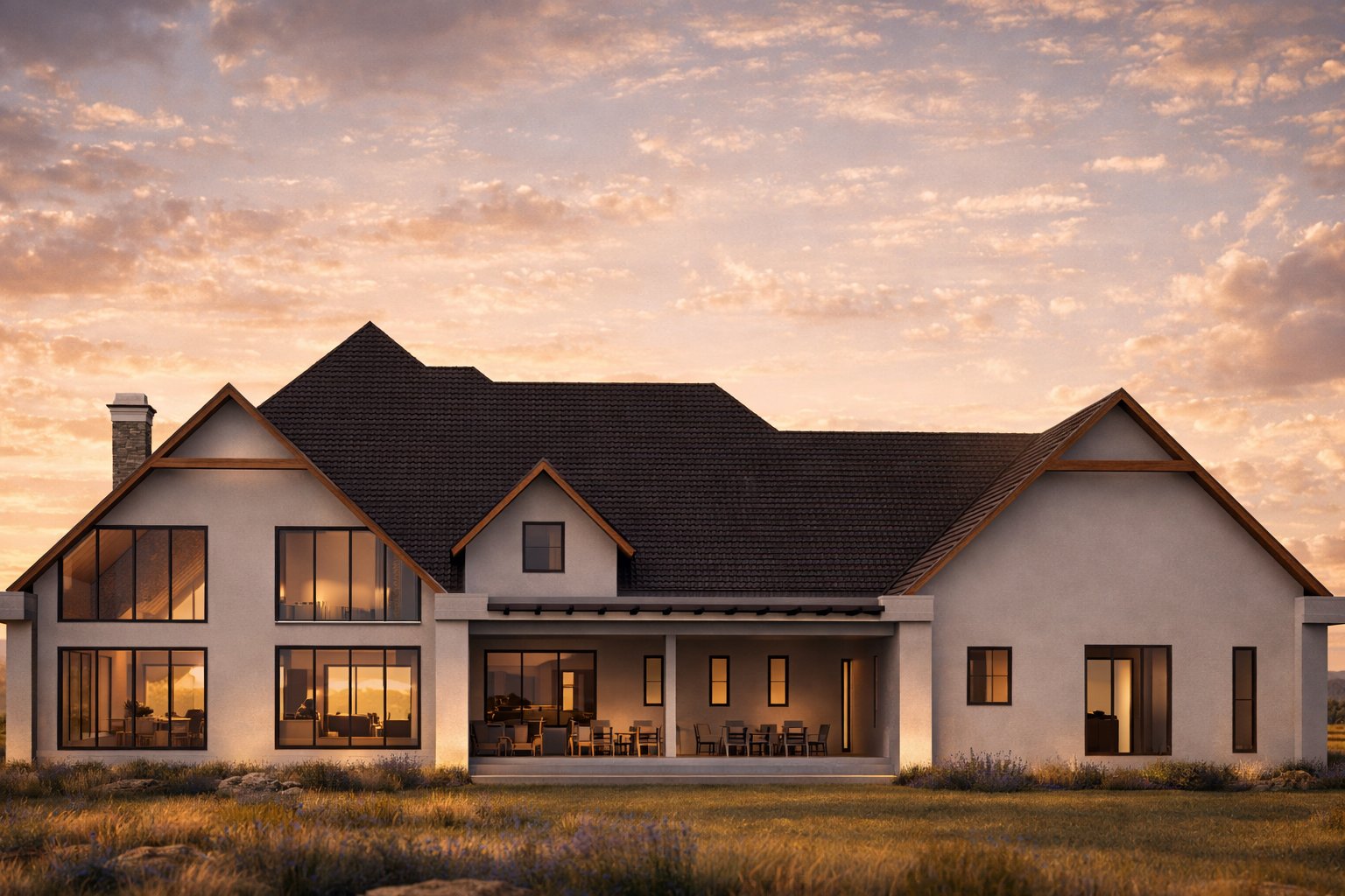 The Oloolua Farmhouse rear — dusk with full terrace and pool lit