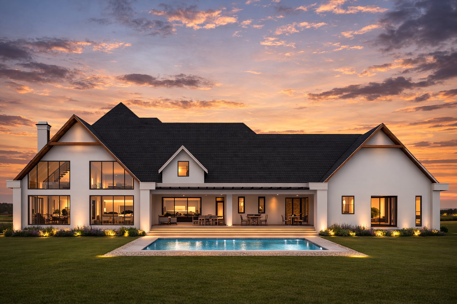The Oloolua Farmhouse rear elevation — golden hour pool and terrace
