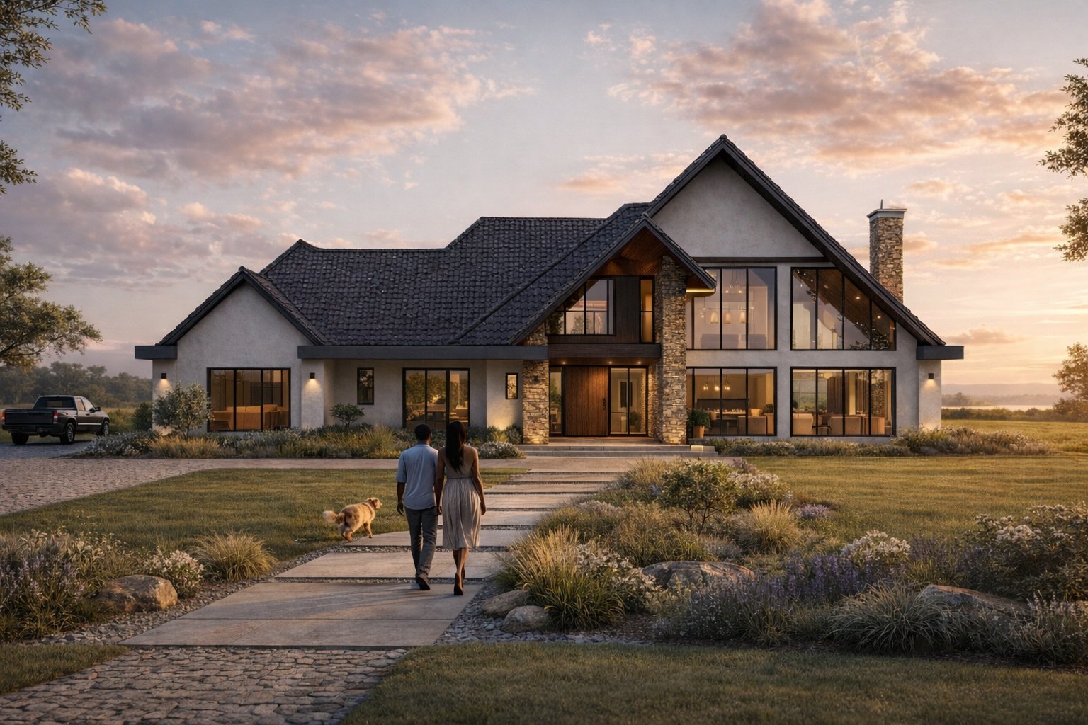 The Oloolua Farmhouse side elevation — chimney and stone cladding detail