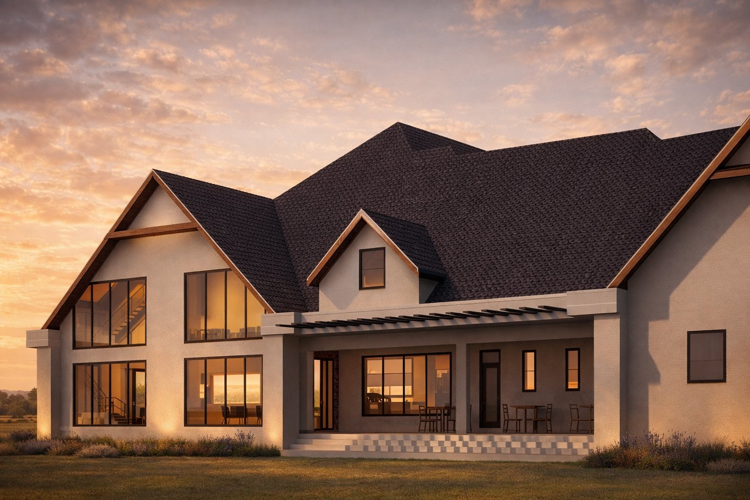 The Oloolua Farmhouse — rear terrace evening, side angle view