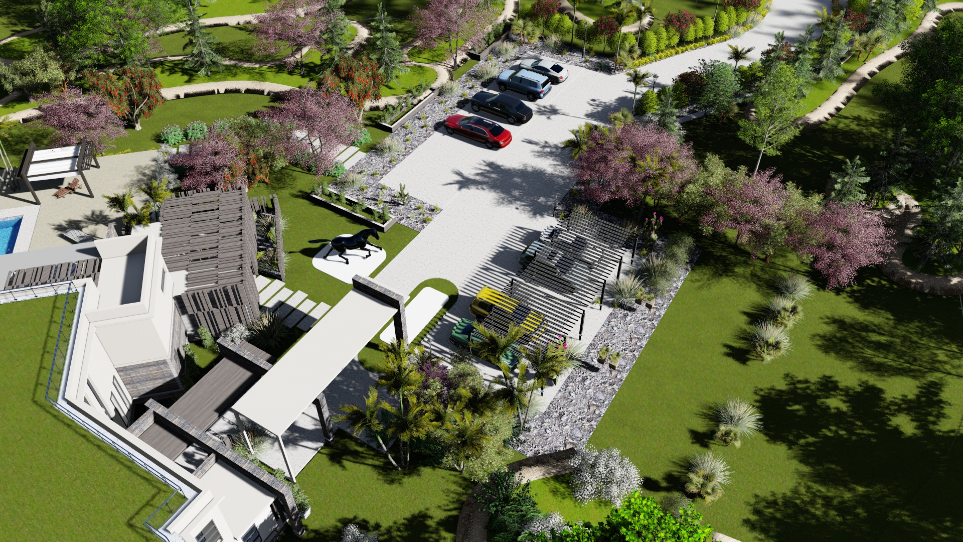 Aerial view of Konza Mansion's four-bay carport, gate house and landscaped gardens with meandering paths