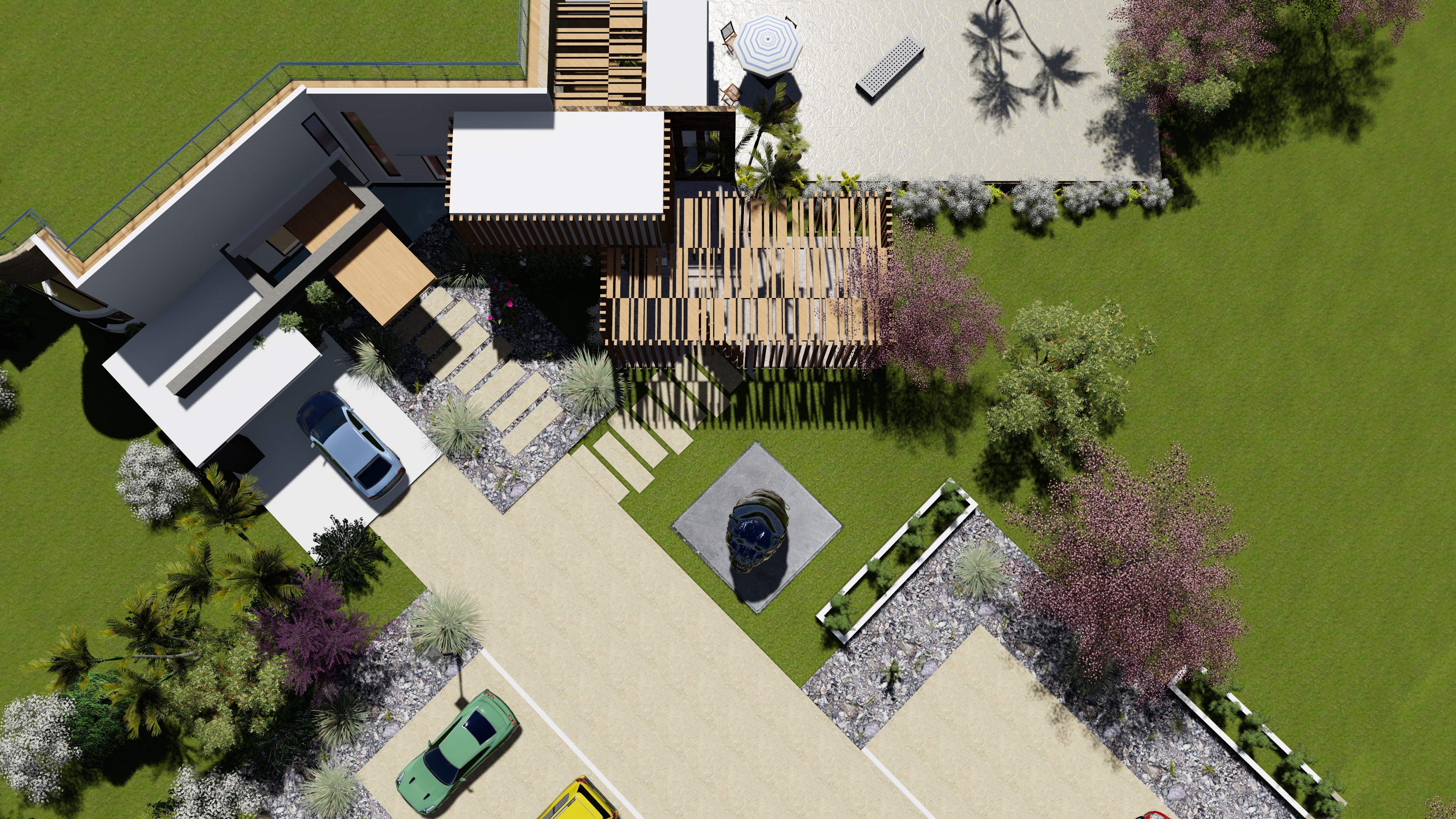 Konza Mansion — aerial view of the gated entrance, motor court and driveway water feature