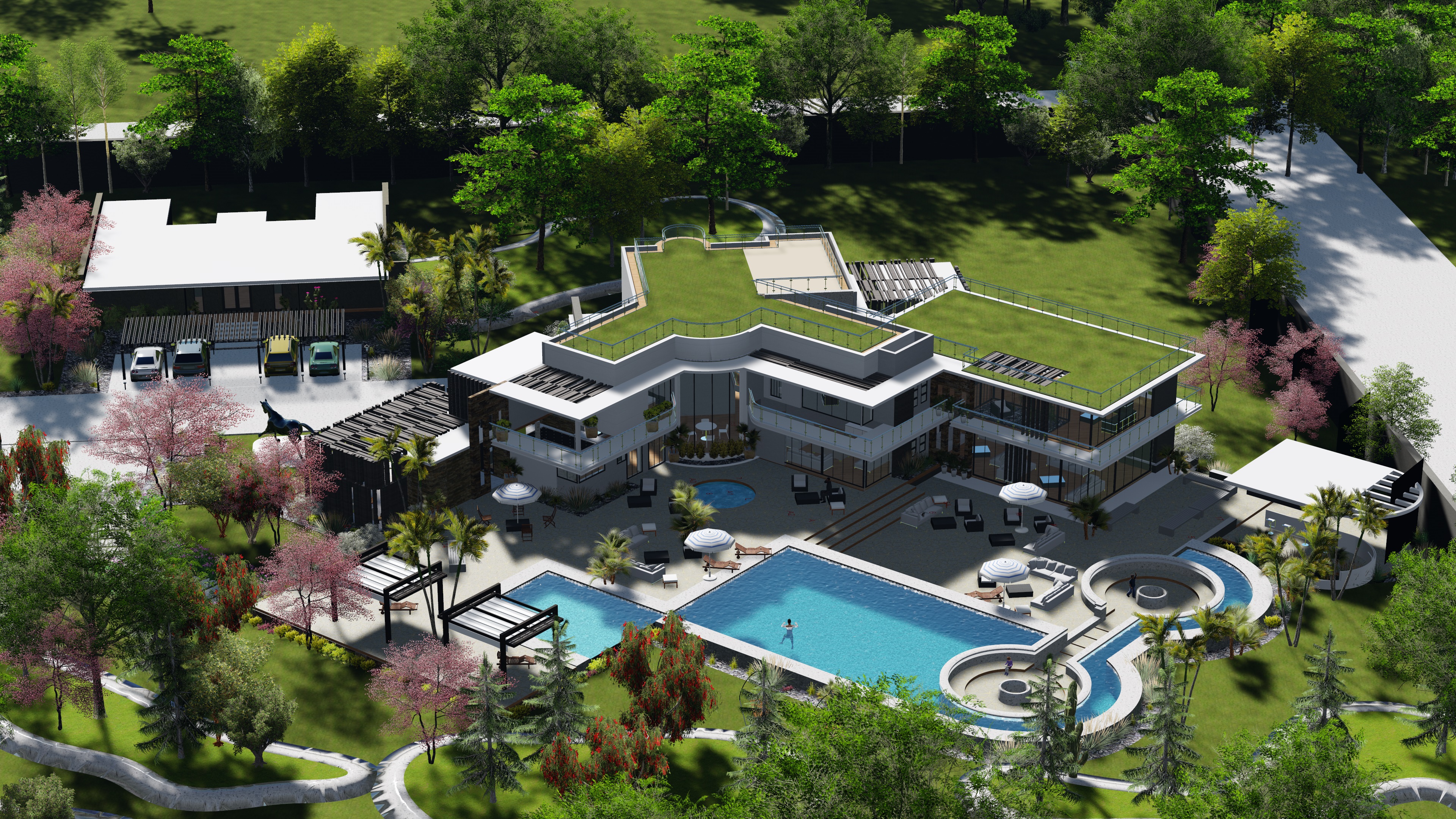 Konza Mansion — full aerial view of the mansion, pool terrace, carport and rooftop garden lounge