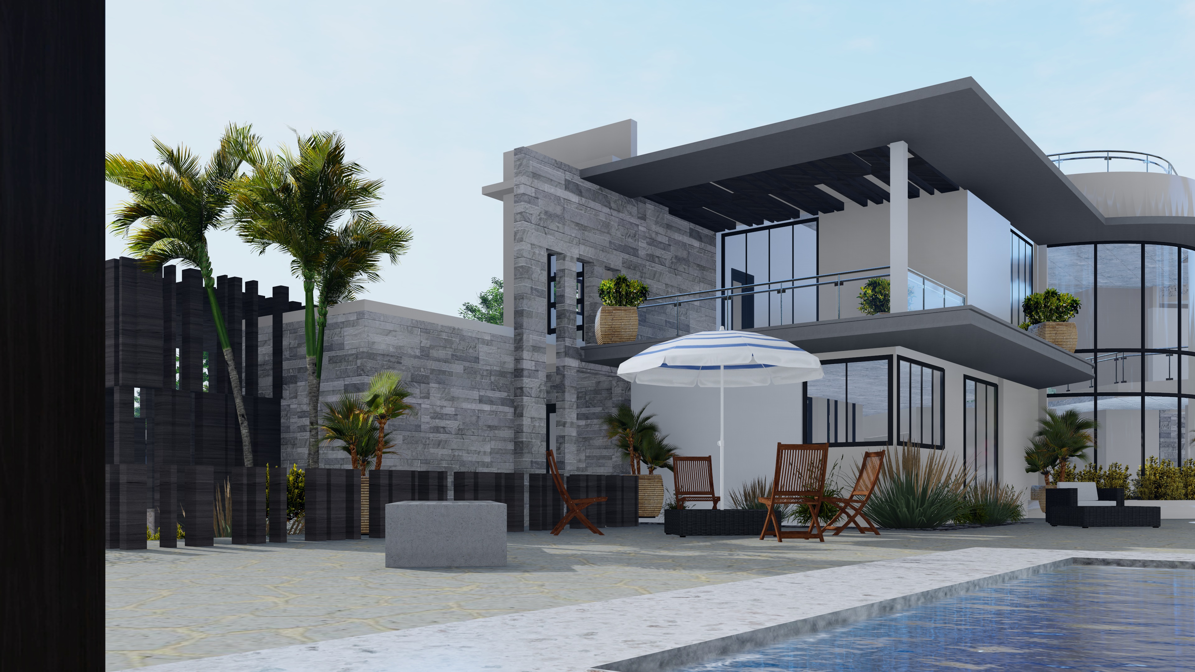 Poolside courtyard at Konza Mansion with dark timber screening, palm trees and outdoor lounge furniture