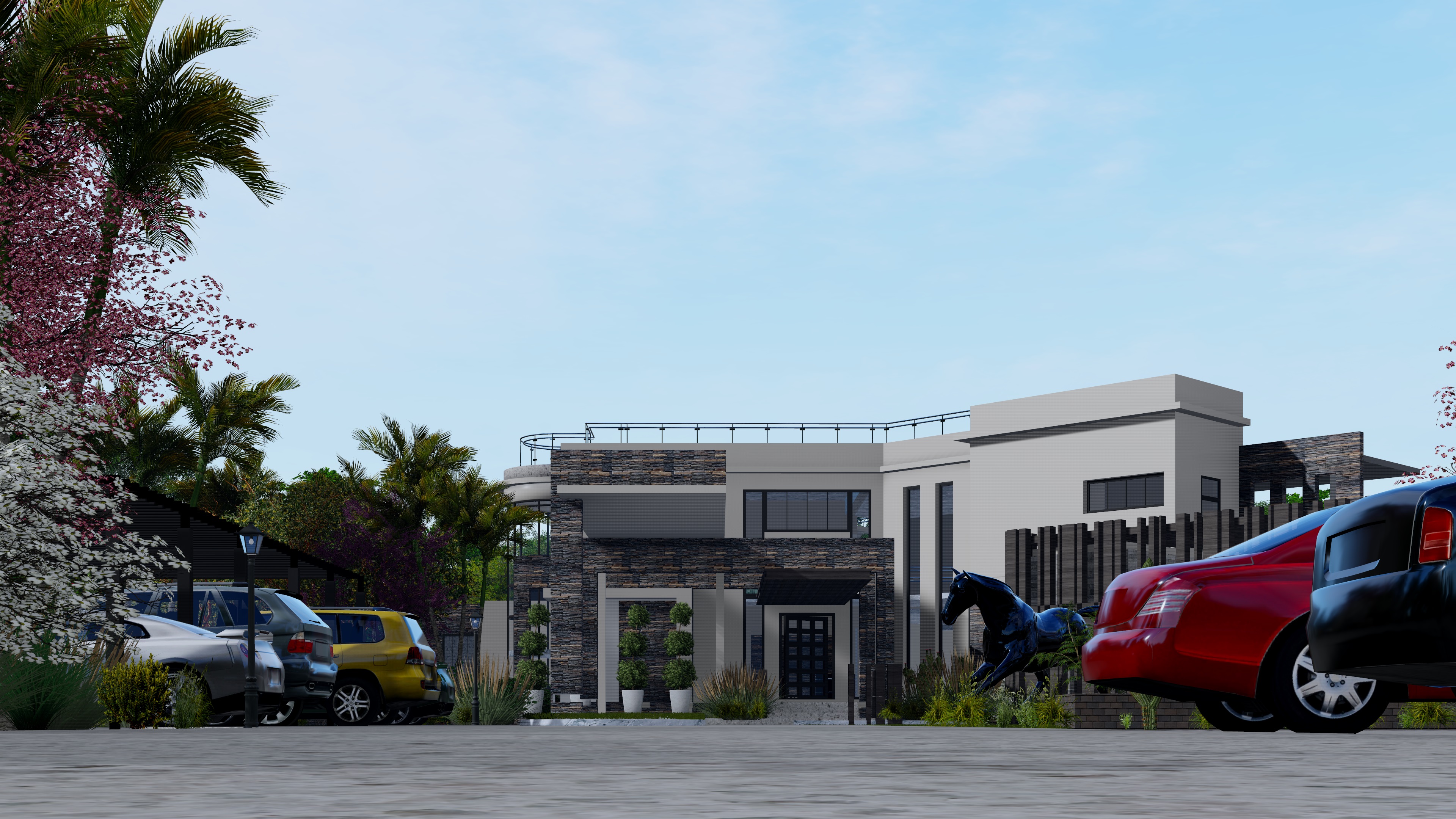 Concept render of Konza Mansion's front entrance and motor court