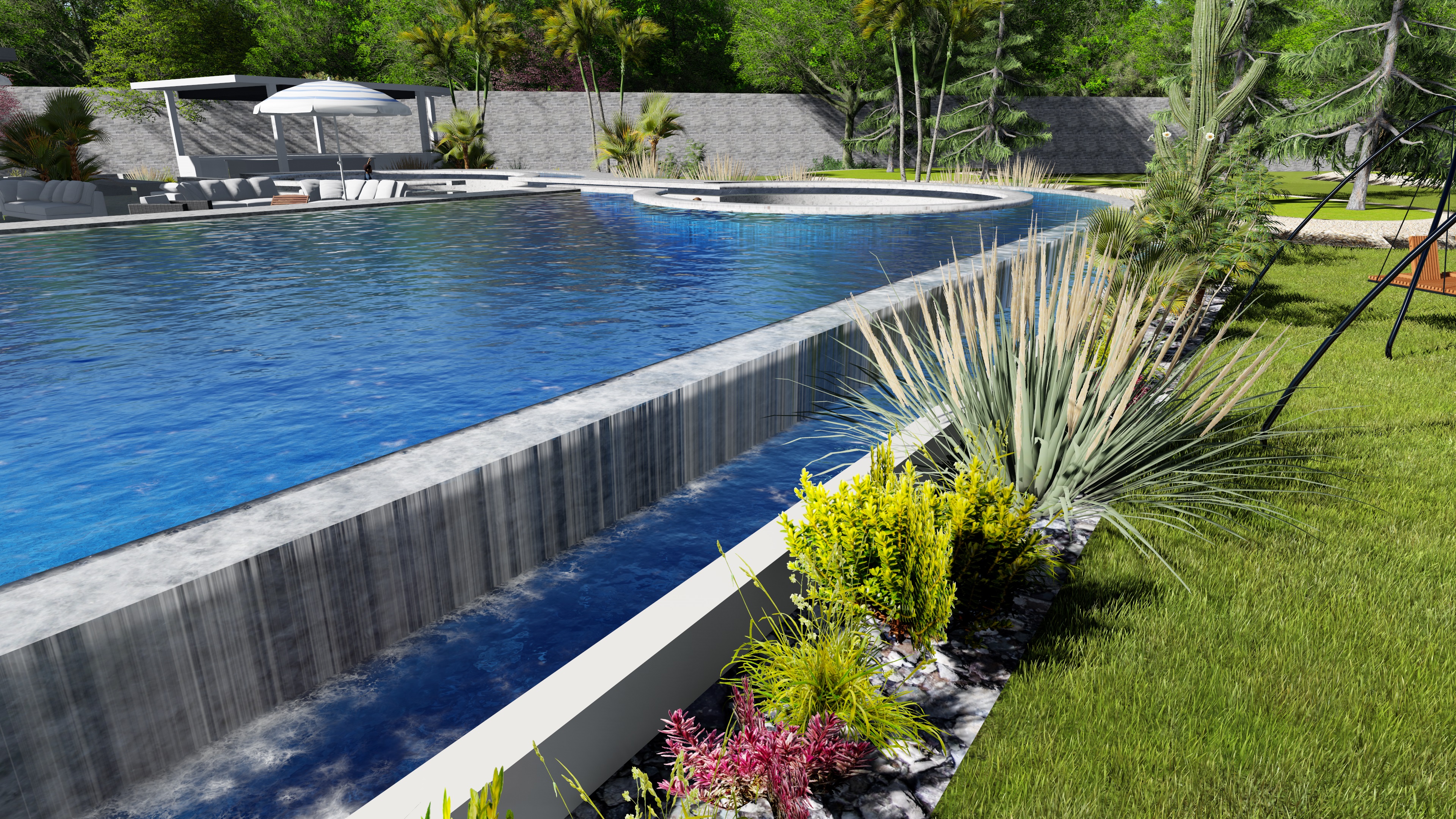 Close-up of the vanishing waterfall edge on Konza Mansion's rectangular swimming pool, bordered by ornamental grasses