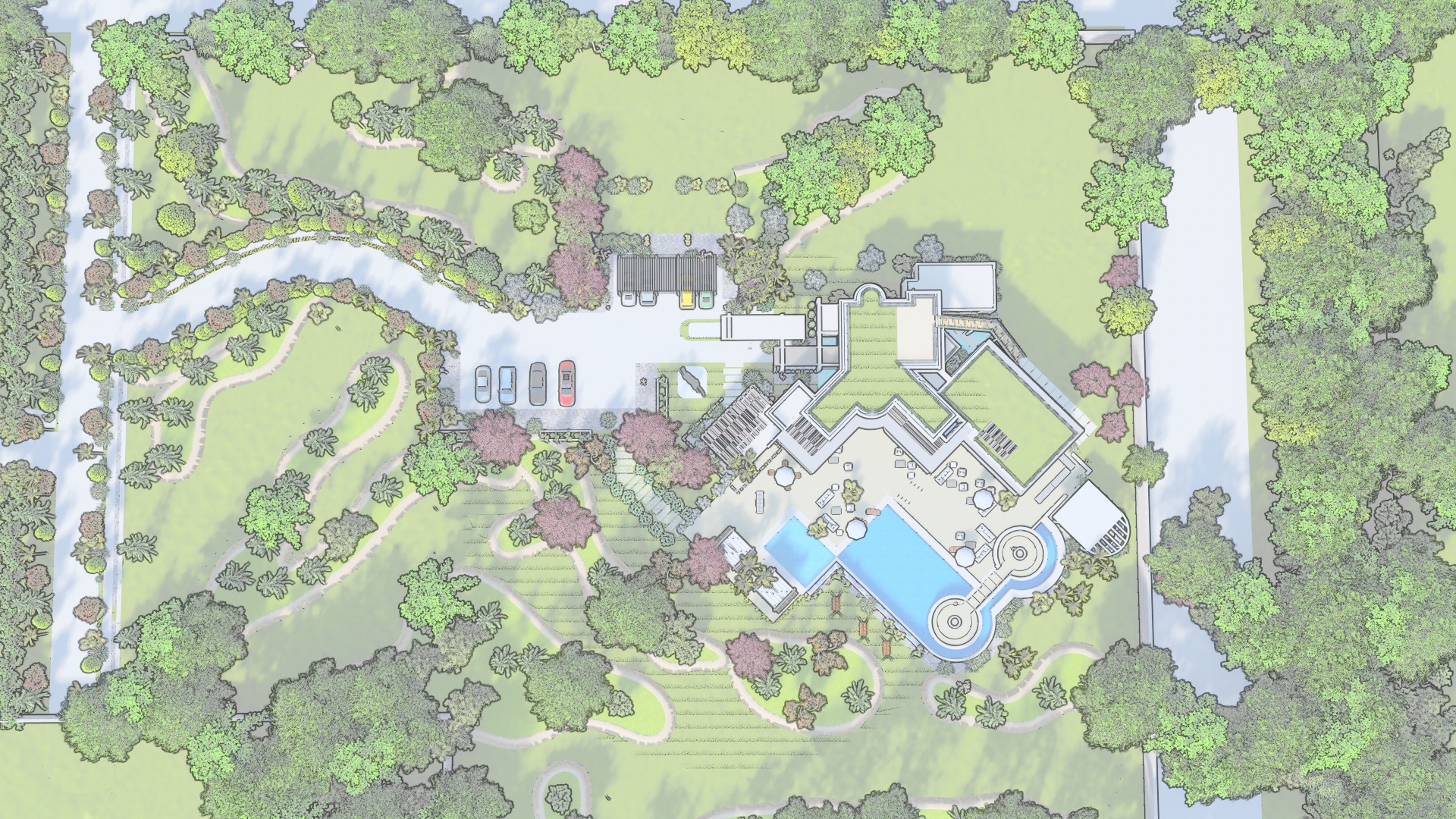 Full site landscape overview of Konza Mansion showing the mini golf course, dual pool complex and looping garden pathways across the estate