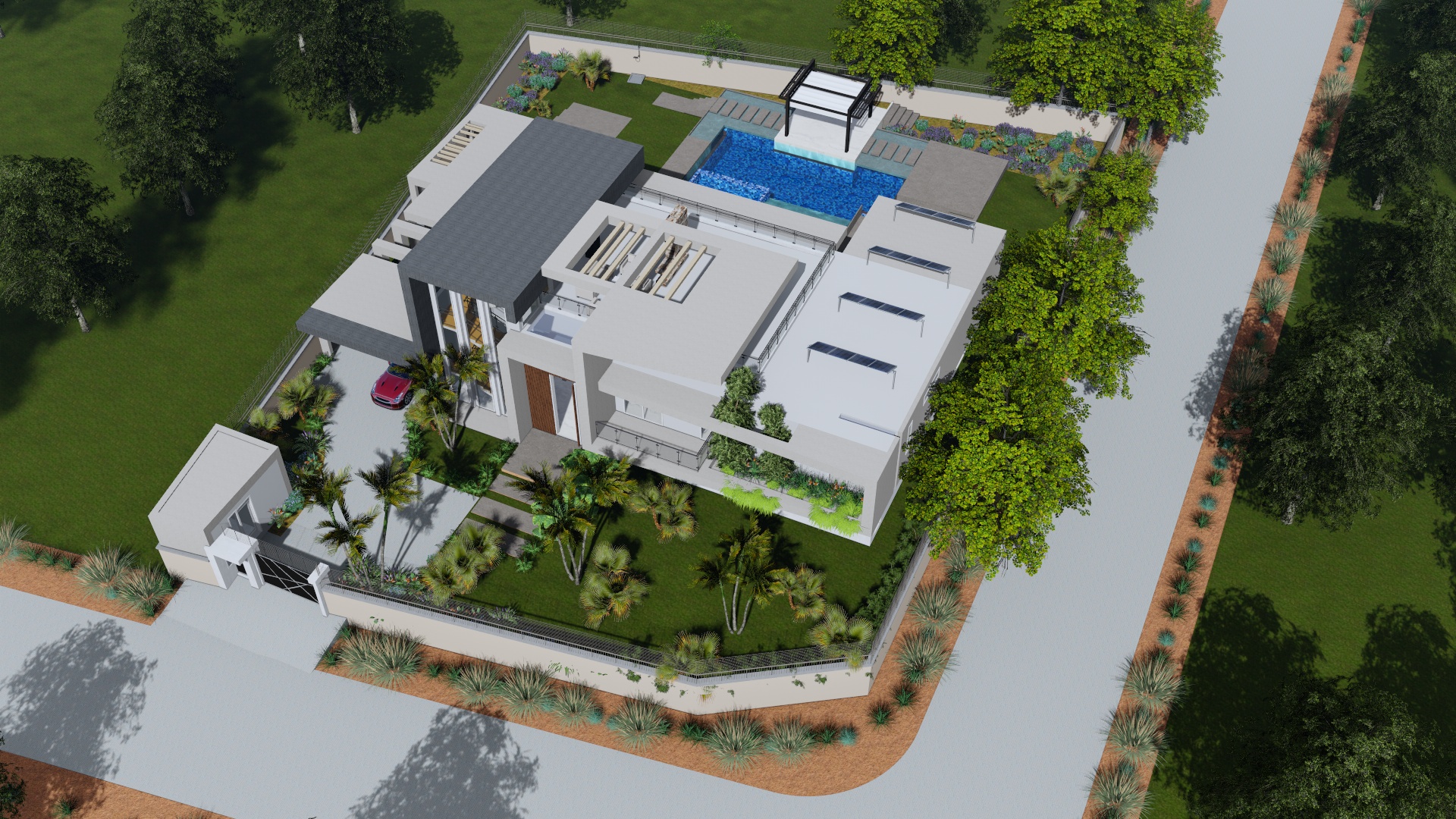 Mushroom Villa — aerial view of the swimming pool, pergola and motor court