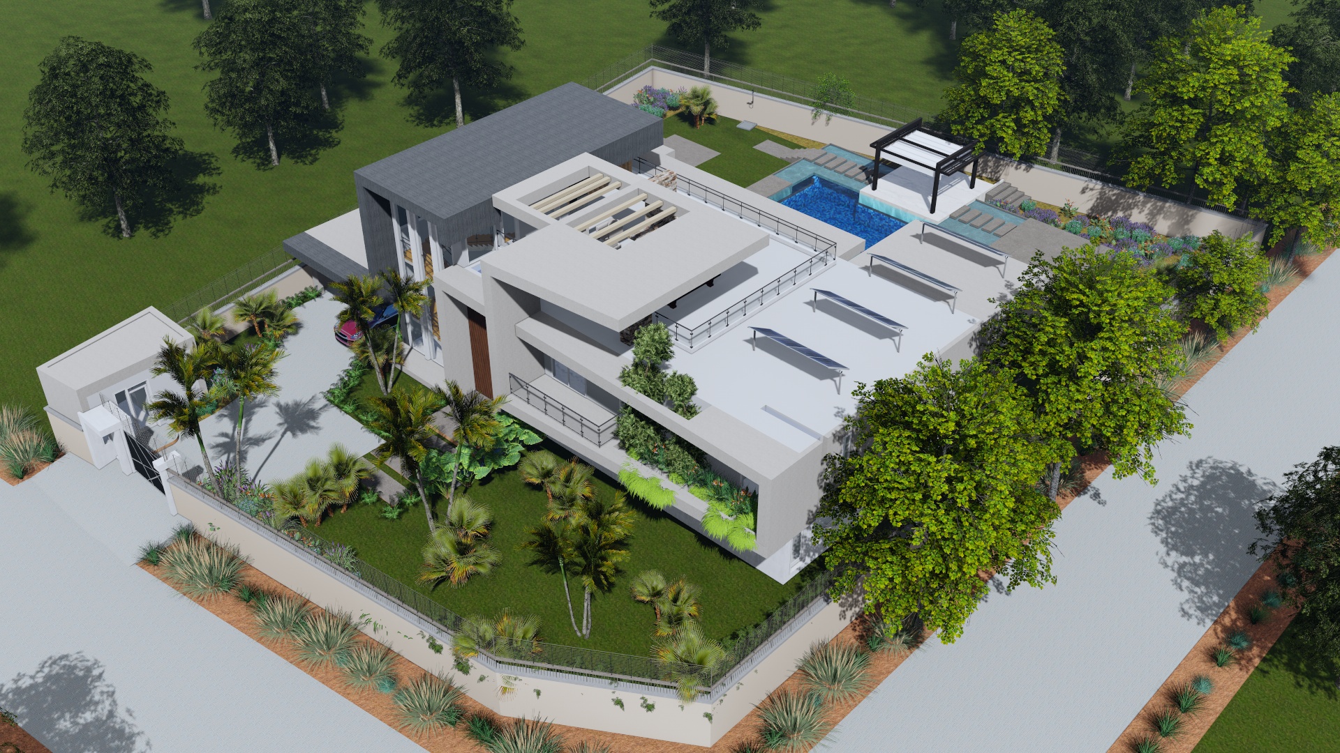 Mushroom Villa — full aerial site overview showing the gate house, gardens and boundary wall