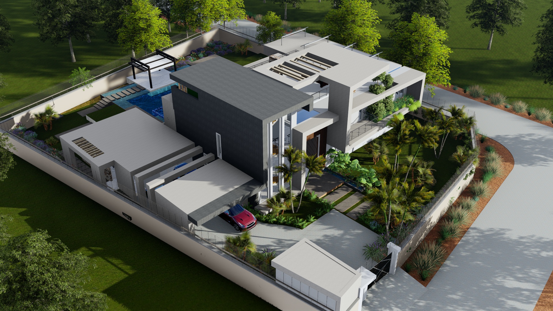 Aerial view of Mushroom Villa's roof deck showing the solar panel array and pool terrace