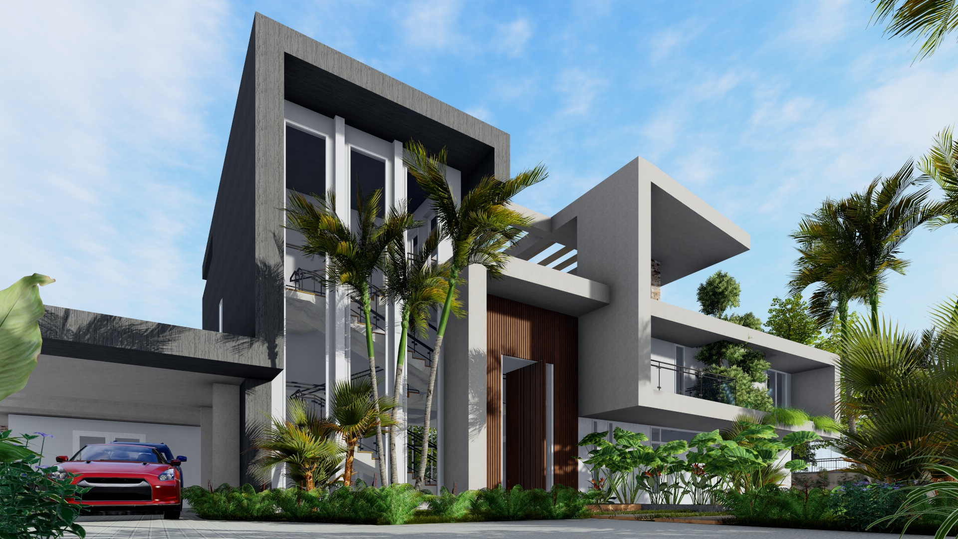 Mushroom Villa — entrance facade with timber pivot door and glazed stair tower