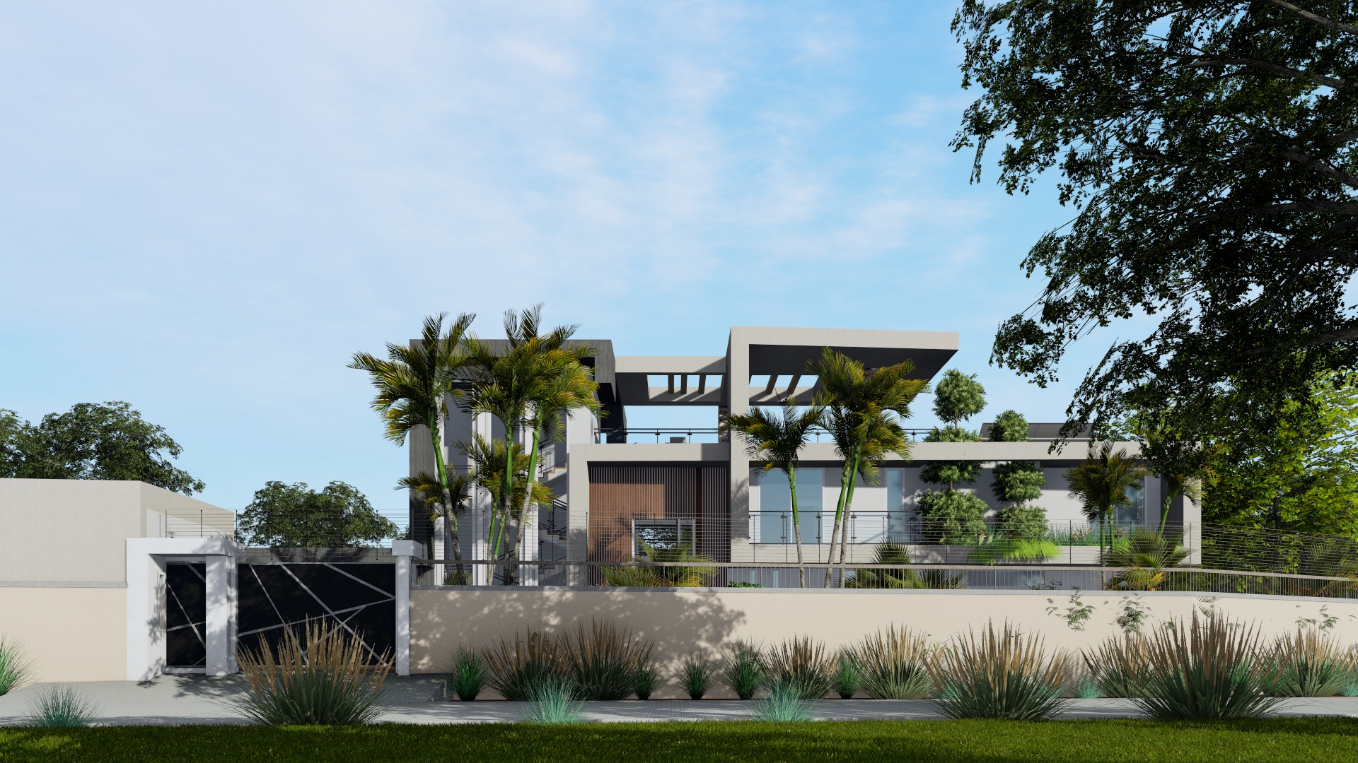 Mushroom Villa — full daylight front elevation, Kiambu County, showing the entrance gate, pergola and palm landscaping