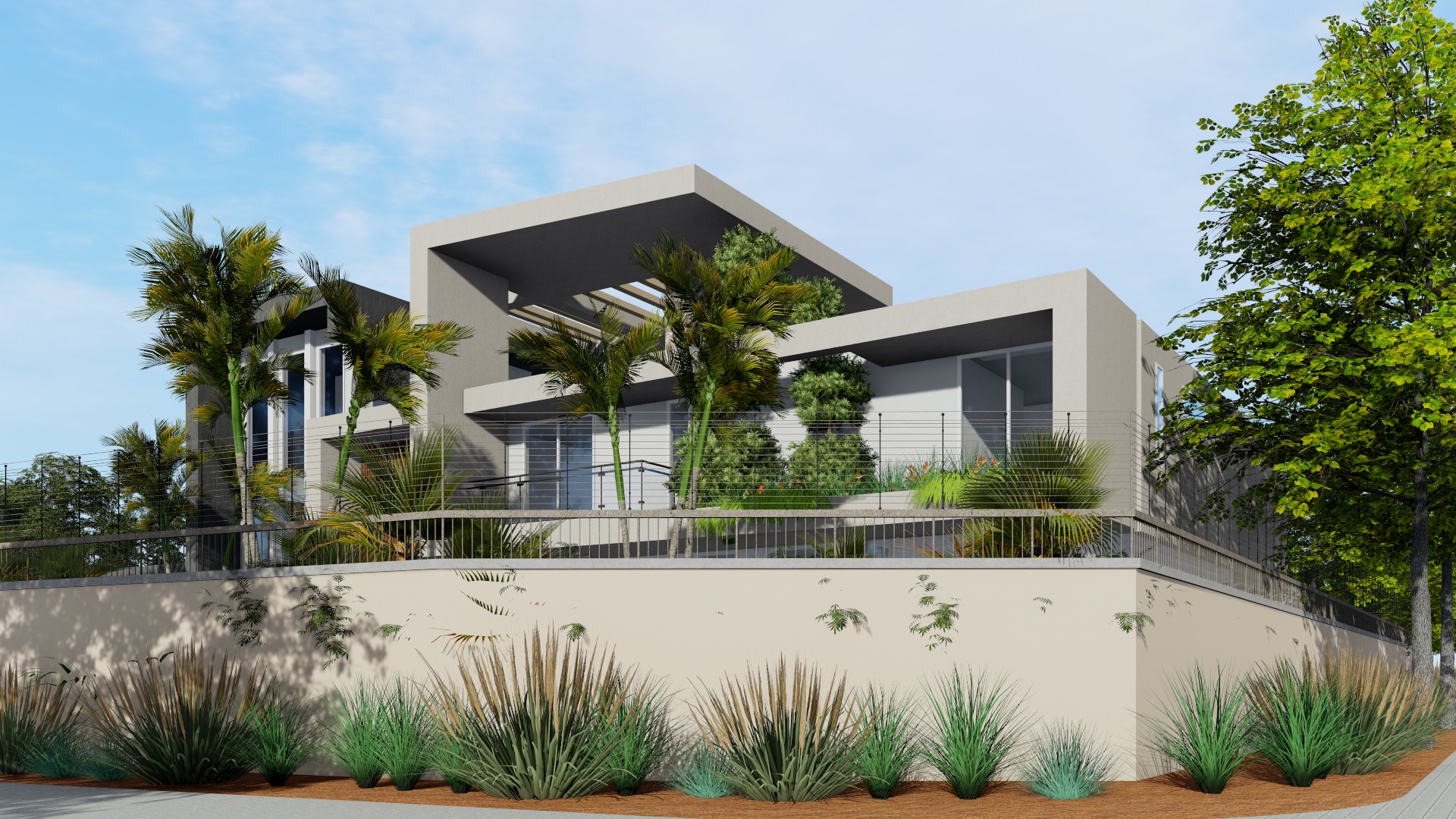 Pergola-shaded terrace of Mushroom Villa overlooking the landscaped garden and pool