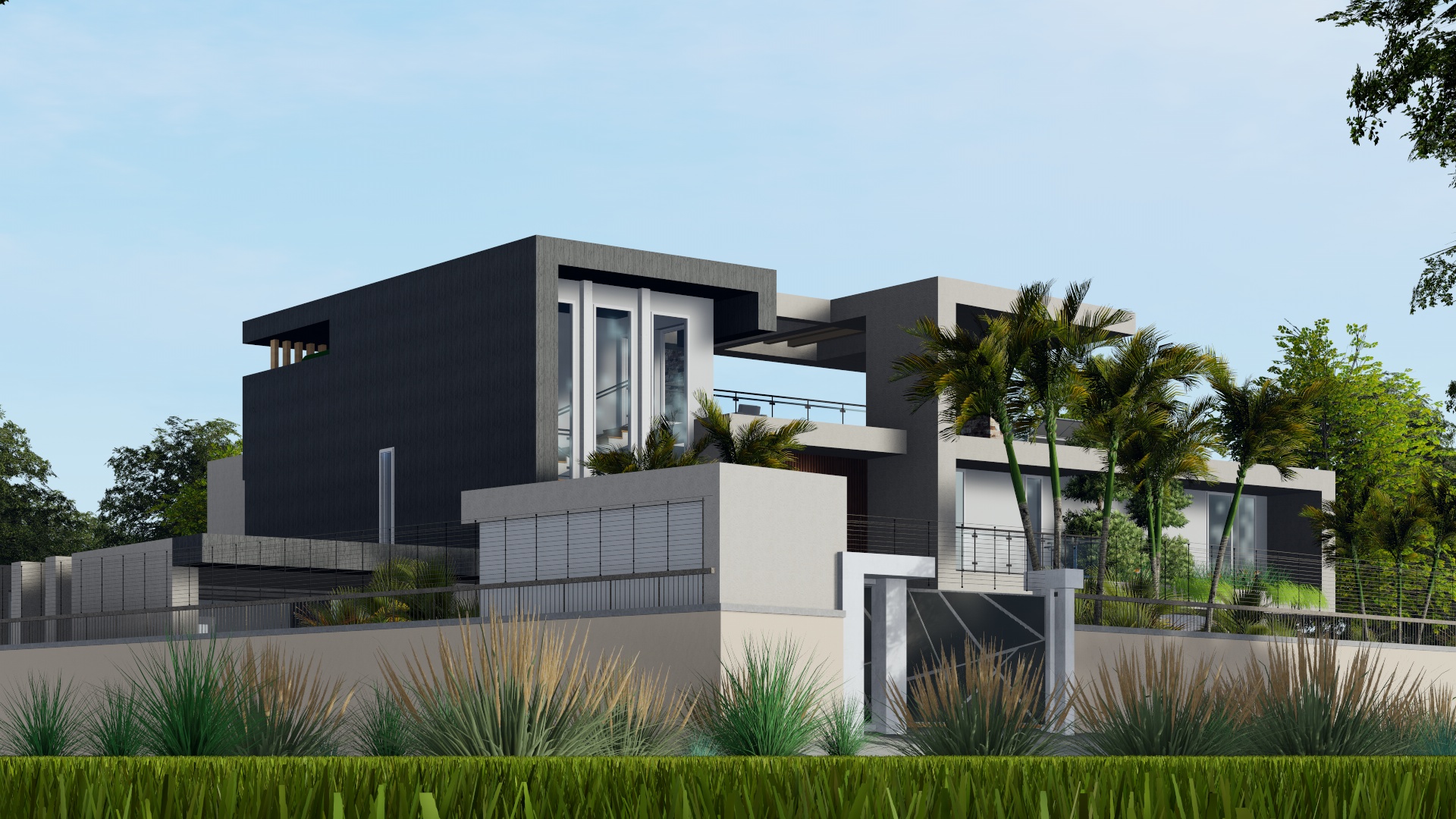 Rear elevation of Mushroom Villa showing the cantilevered charcoal volume above the ground floor terrace