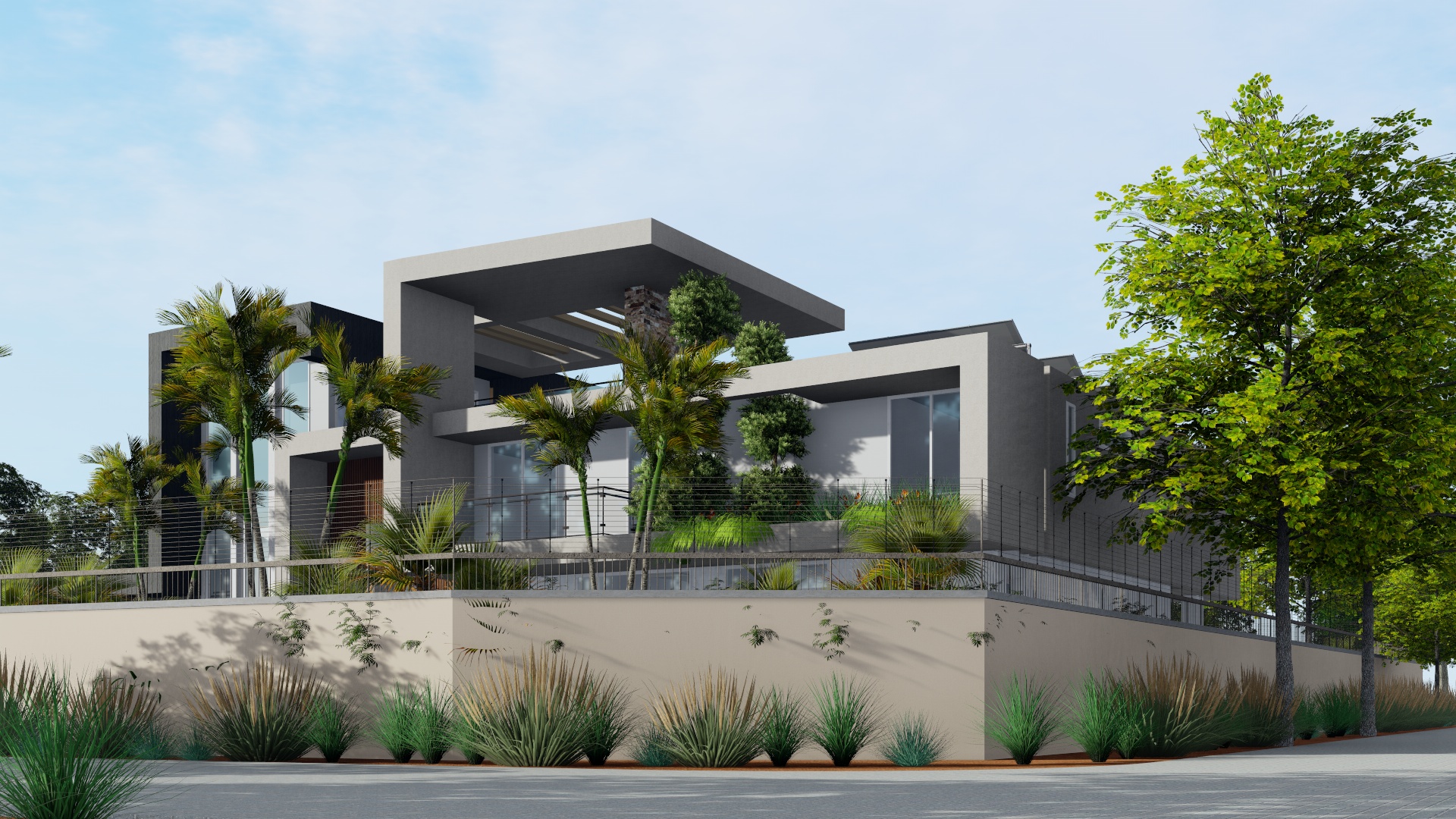 Street-level view of Mushroom Villa's pergola and upper living level from the boundary wall