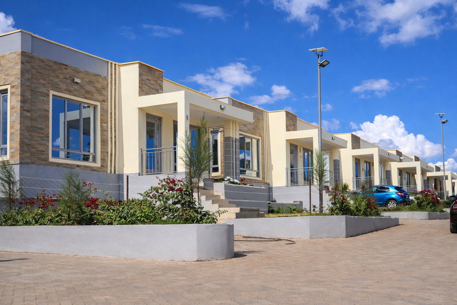 Row of completed 3-bedroom flat-roof bungalows in Twinfalls City gated estate, Malaa Kangundo Road