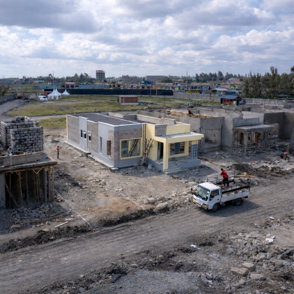 Twinfalls City 3-bedroom bungalow under construction showing parapet wall and window openings, Malaa