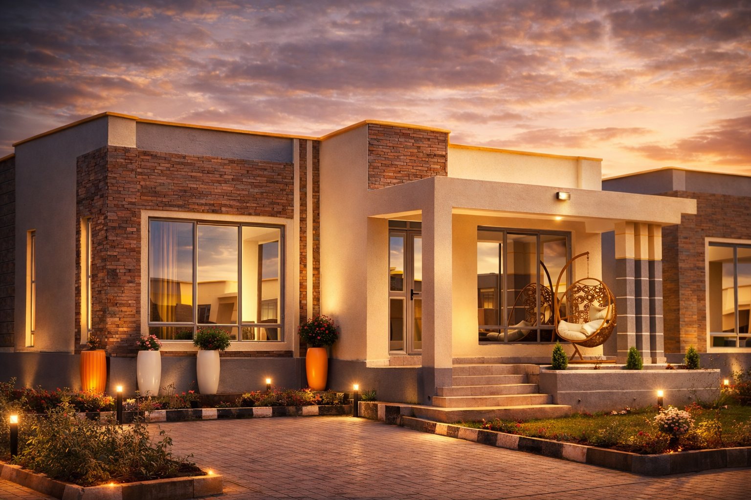 Twinfalls City 3-bedroom flat-roof bungalow at twilight with garden lighting, Malaa Kangundo Road