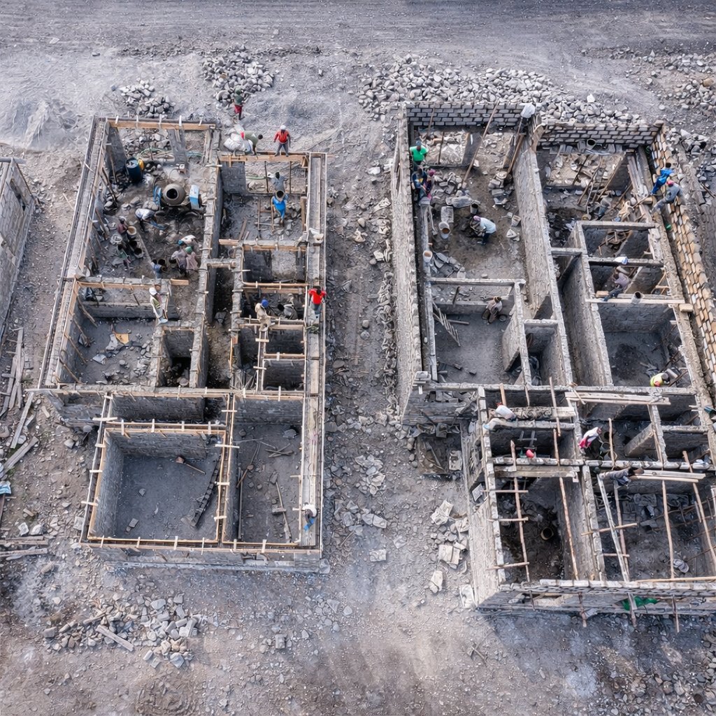Aerial drone view of Twinfalls City bungalow foundations under construction, Malaa Kangundo Road