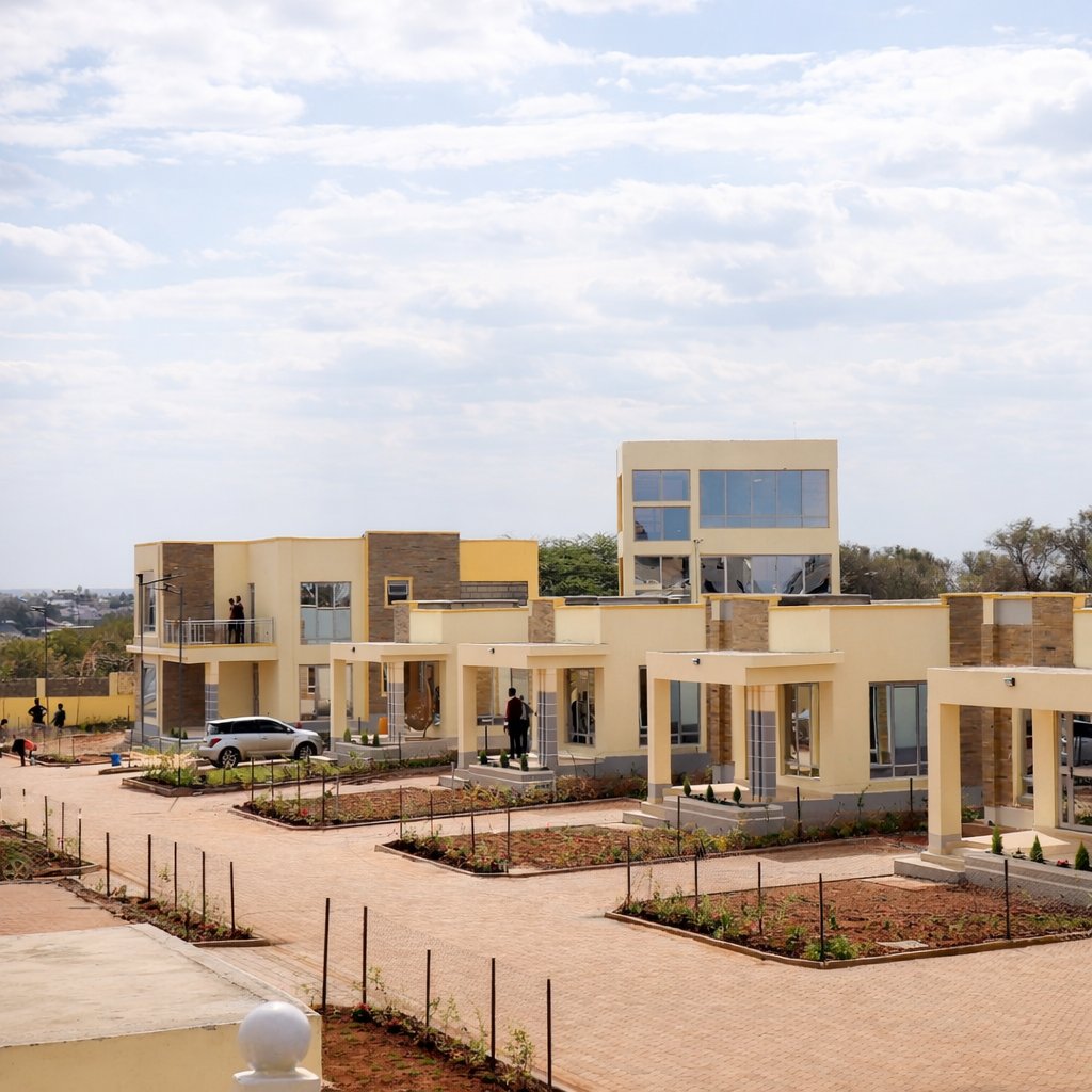 Aerial overview of completed Twinfalls City estate showing bungalows and maisonettes, Malaa Machakos