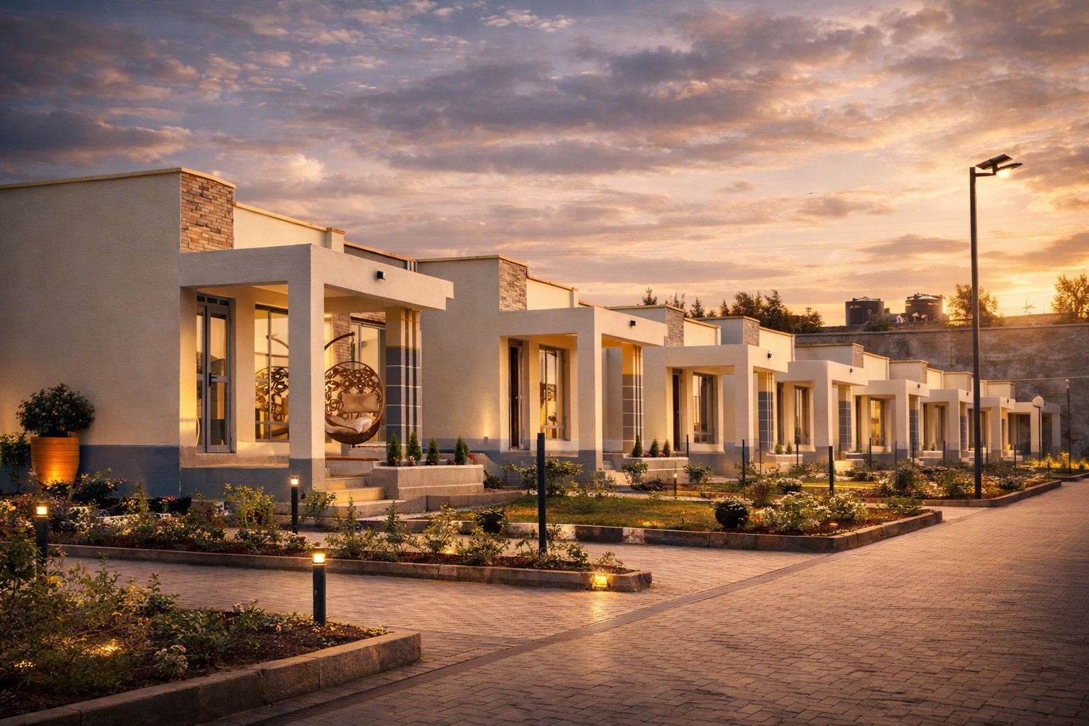 Twinfalls City Malaa — row of 3-bedroom flat-roof bungalows at sunset, Kangundo Road gated estate, Machakos County Kenya