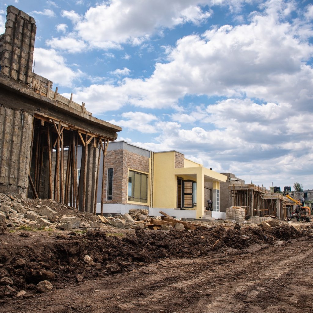 Twinfalls City construction progress showing flat-roof bungalows in various stages, Malaa near Joska