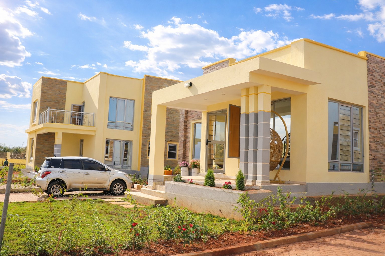Twinfalls City contemporary 3-bedroom bungalow front elevation with car park and garden, Malaa