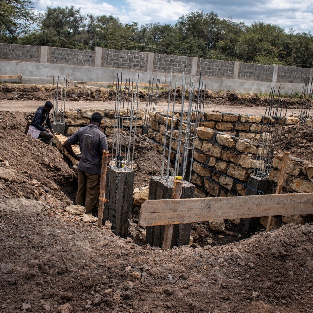 Construction workers laying foundations for Twinfalls City bungalows, Kangundo Road, Machakos County