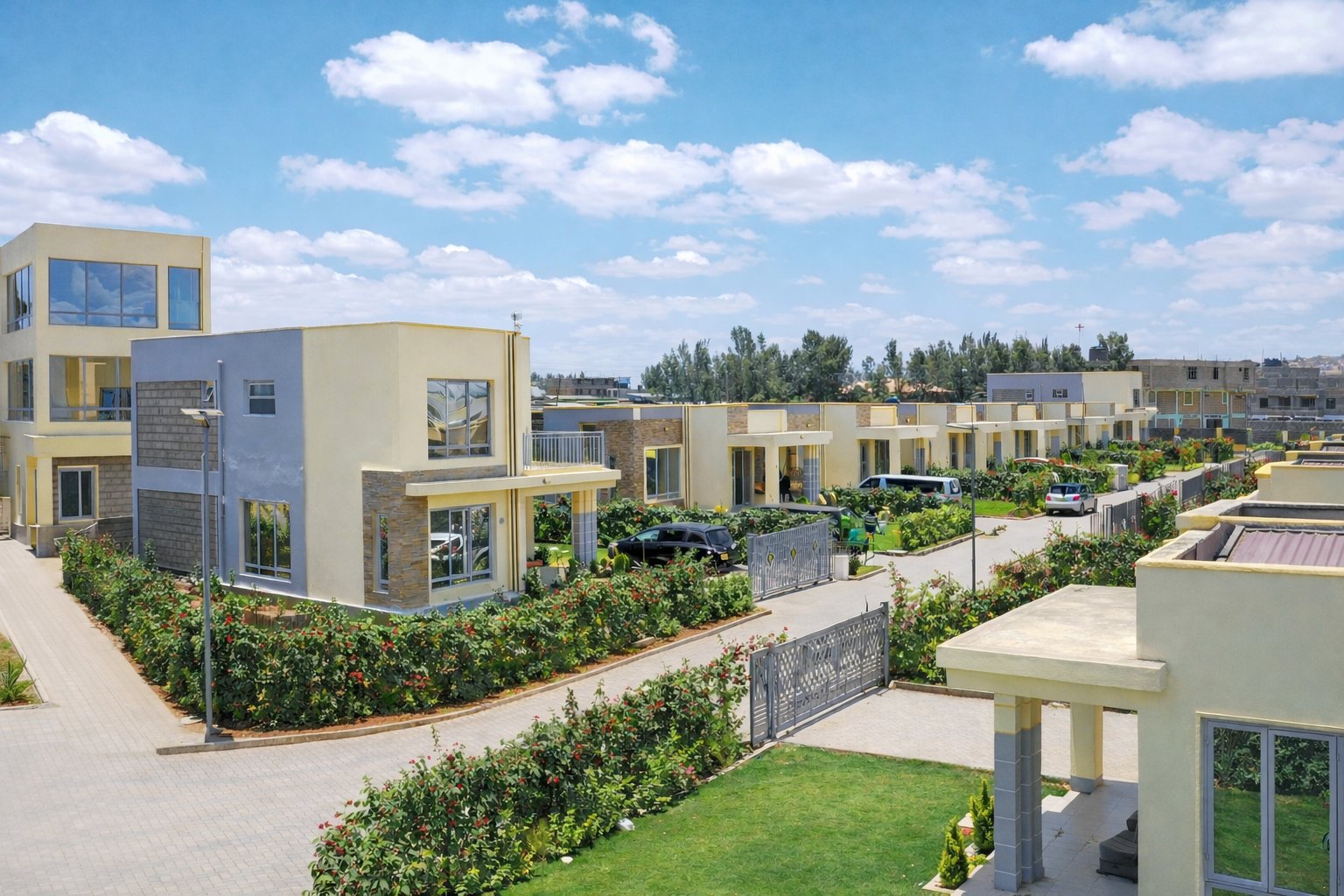 Aerial view of Twinfalls City Malaa gated community showing cabro-paved roads, green spaces and estate layout