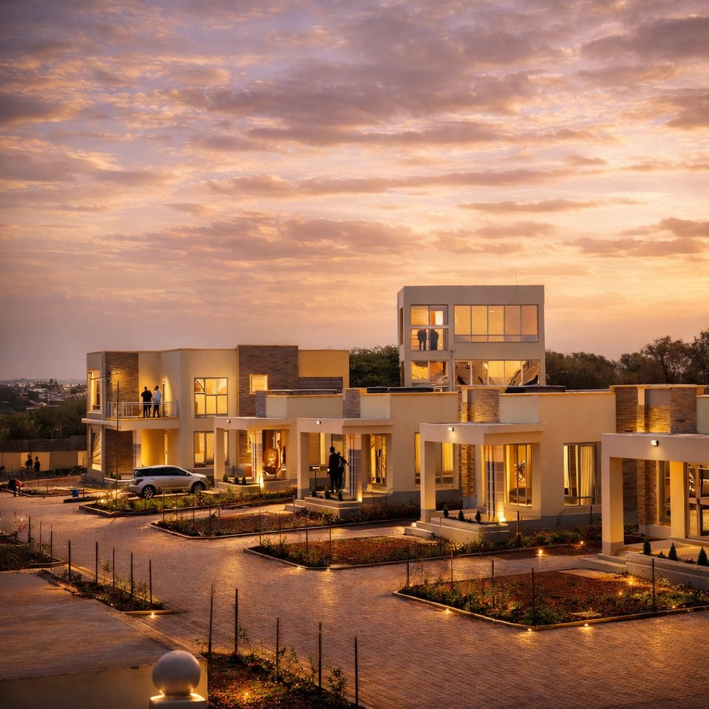 Twinfalls City row of 3-bedroom bungalows and 4-bedroom maisonettes at sunset, Kangundo Road, Malaa