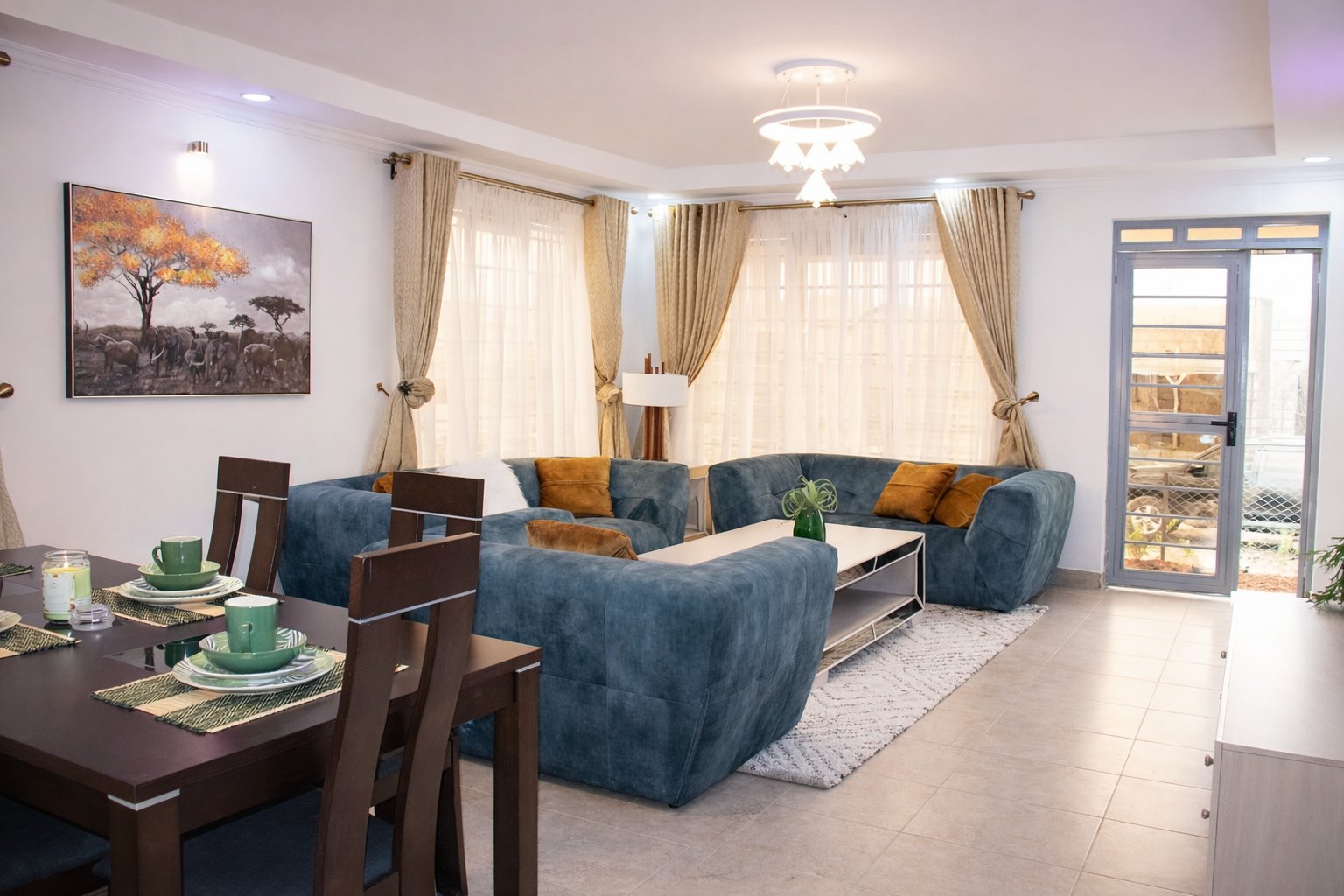Open-plan living and dining room interior in Twinfalls City 3-bedroom bungalow, Malaa Kenya
