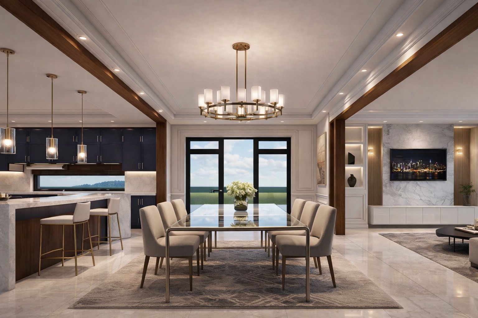 Luxury open-plan kitchen and dining interior design by Aalis Studios Nairobi — marble island, gold chandelier, navy cabinets, glass doors to garden
