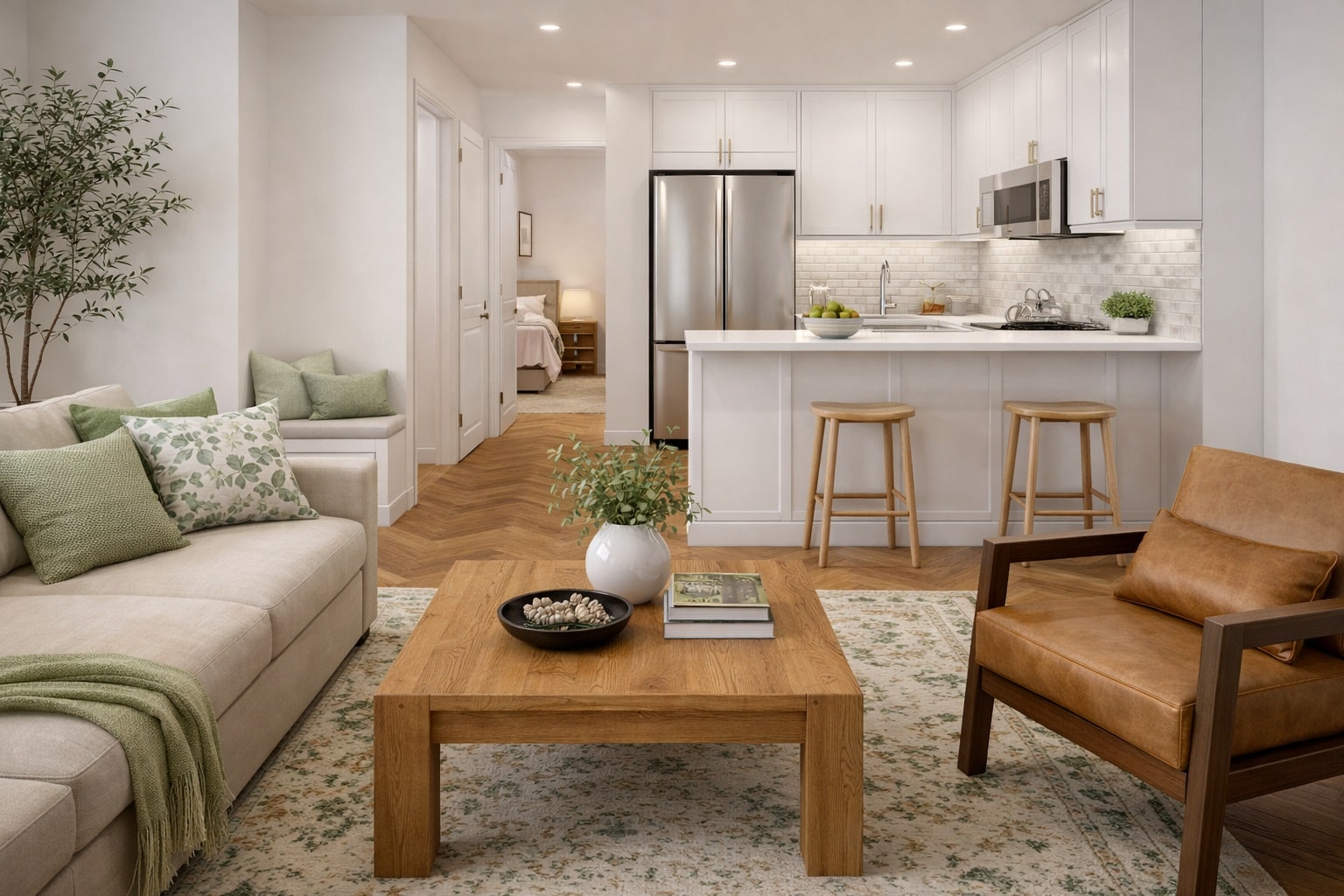 Modern apartment kitchen interior design by Aalis Studios Nairobi — white Shaker cabinets, open plan living, herringbone floor