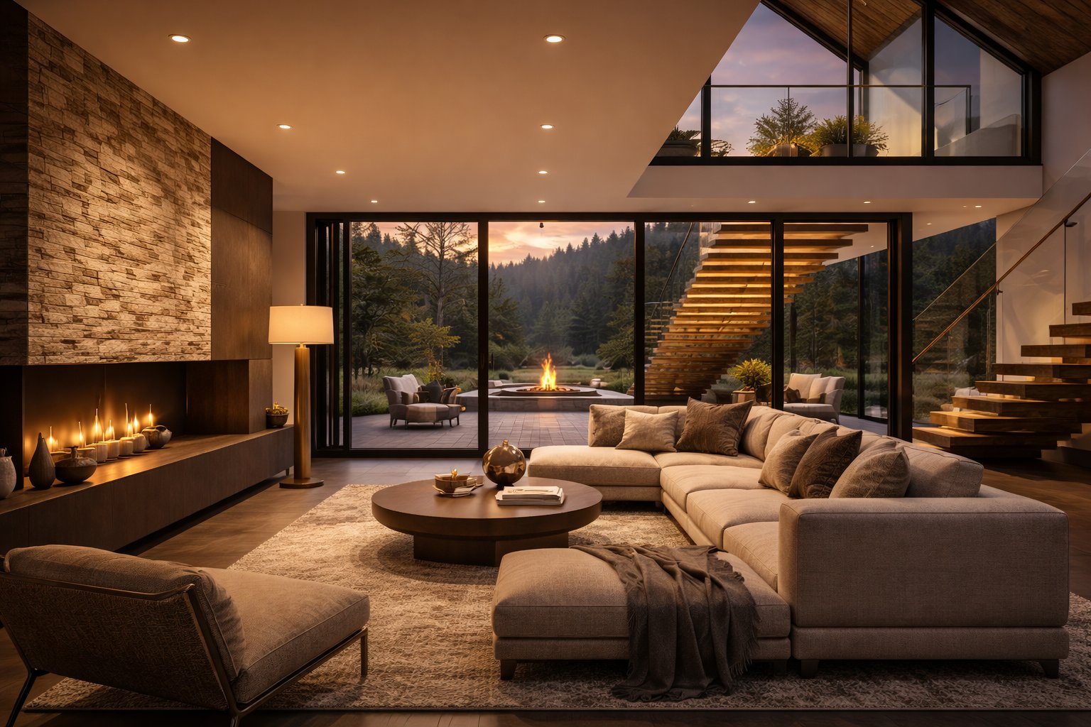 Open plan luxury kitchen design by Aalis Studios Nairobi — marble waterfall island, dark timber cabinets, forest view through glass