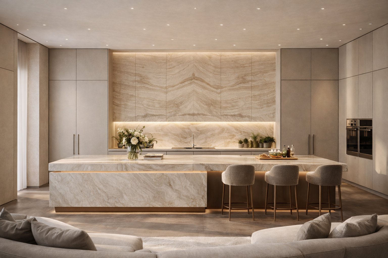 Ultra-luxury kitchen interior design by Aalis Studios Nairobi — marble island, book-matched stone backsplash, brass accent lighting, Kenya